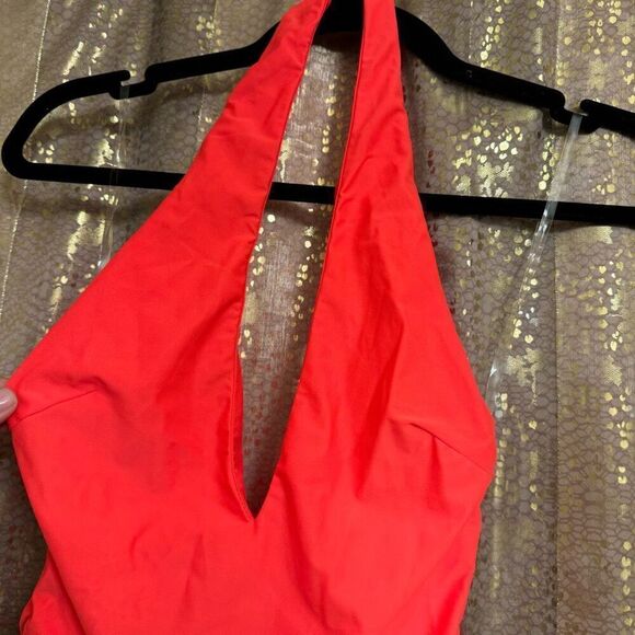 Tiger Mist Neon Coral Amazon Plunging Ruched Halter Dress Small NWT Flawed - Picture 4 of 10